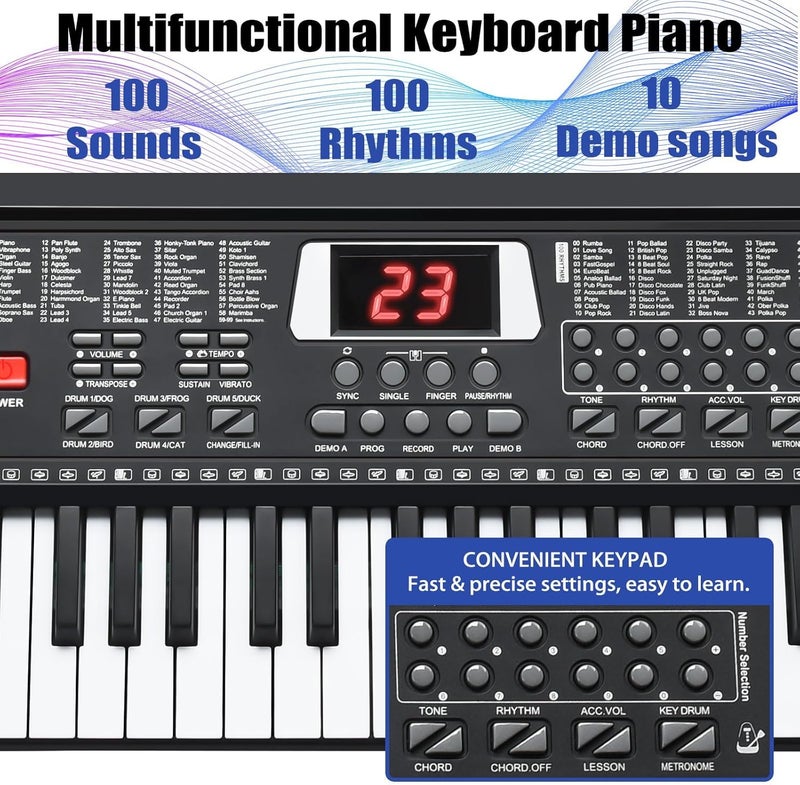 HERTMUN 61 Key Keyboard Piano, Portable Electronic Keyboard Piano for Beginners with Speakers, Microphone, Sheet Music Stand, 100 Voices, 100 Rhythms, Digital Music Keyboard for Teen - 1 - Image 2